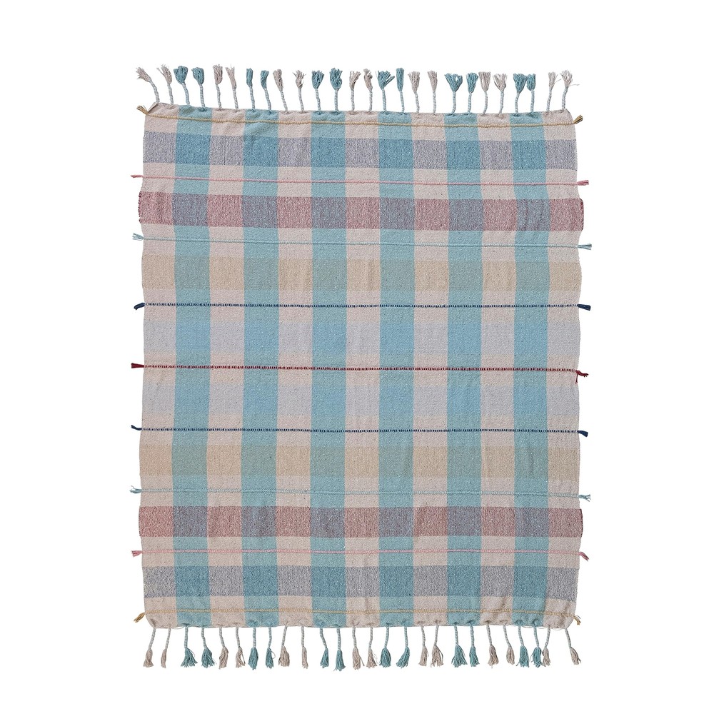 Woven Recycled Cotton Blend Plaid Pattern and Braided Fringe, Multicolor Thro...