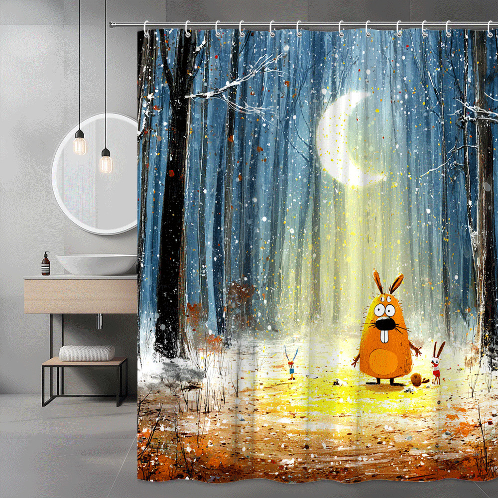 Moonlit Forest Bunny Shower Curtain, Cartoon Woodland Print