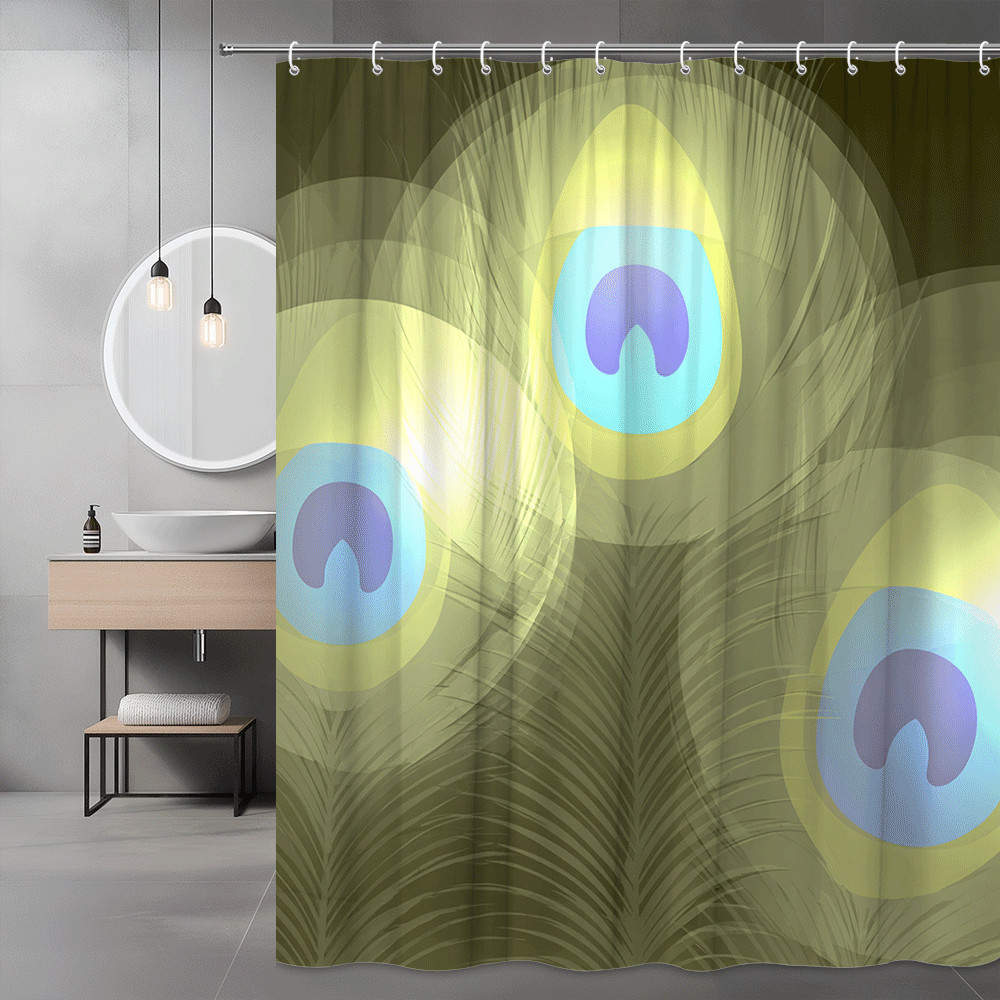 Abstract Feather Print Shower Curtain, Blue Yellow Boho Style
