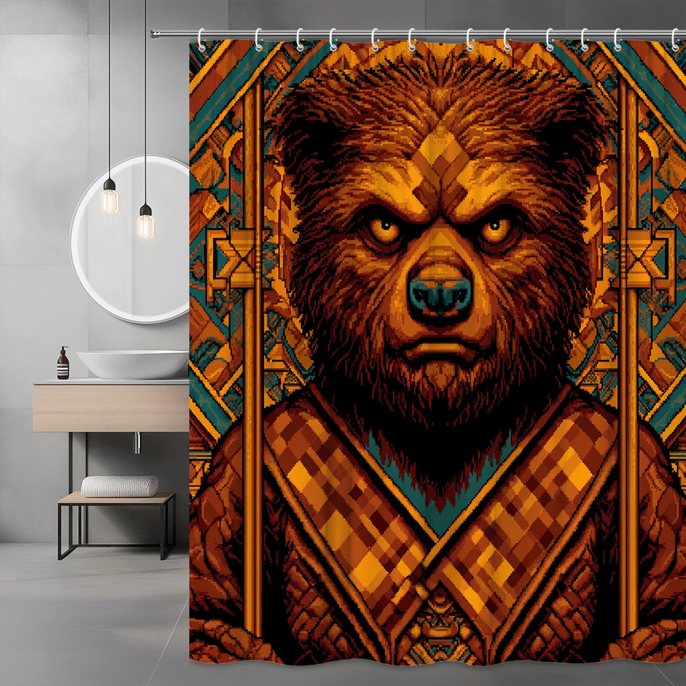 Bear Shower Curtain Tribal Geometric Orange Teal Graphic