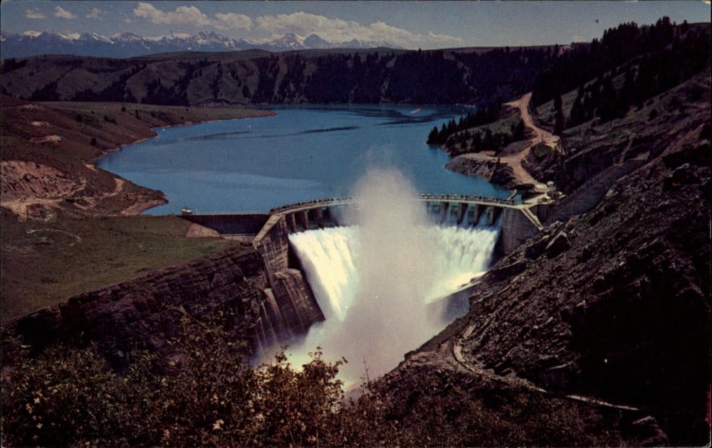 Polson Montana Kerr Dam Flathead Lake aerial built 1938 unused vintage postcard