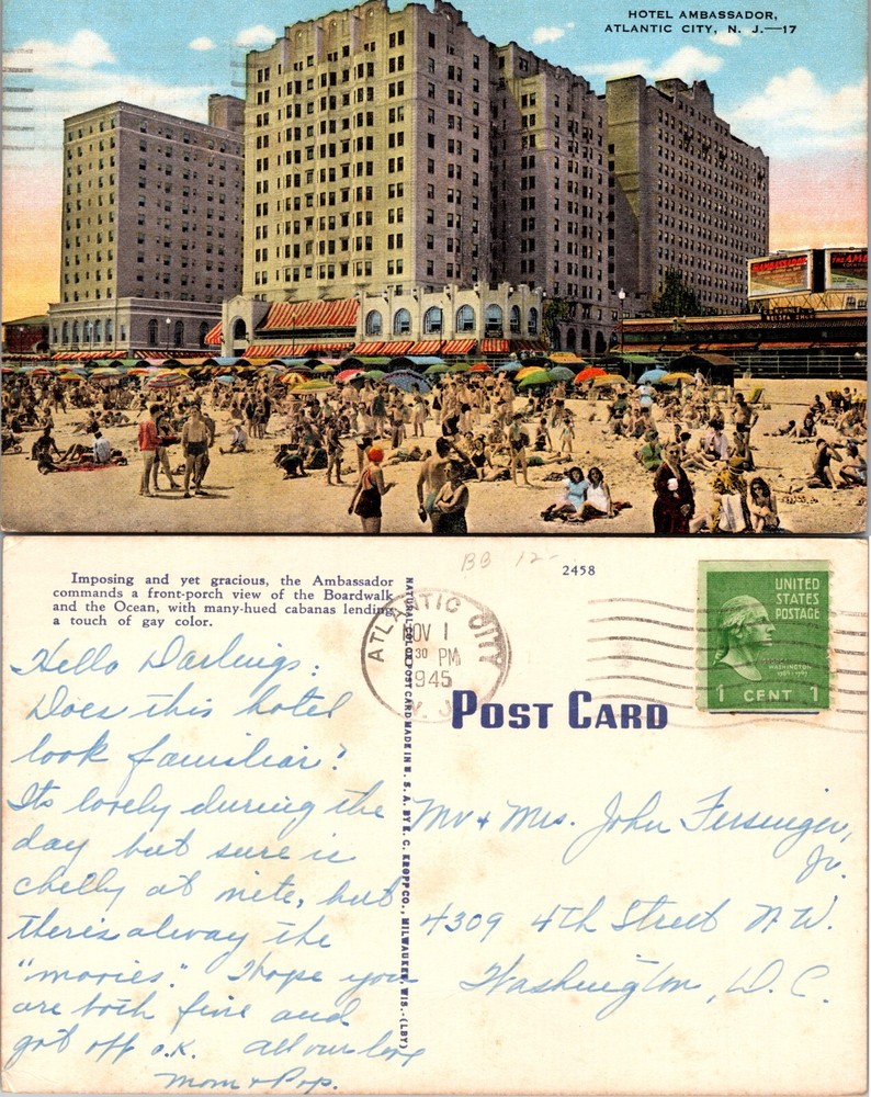 Hotel Ambassador Atlantic City New Jersey NJ Postcard