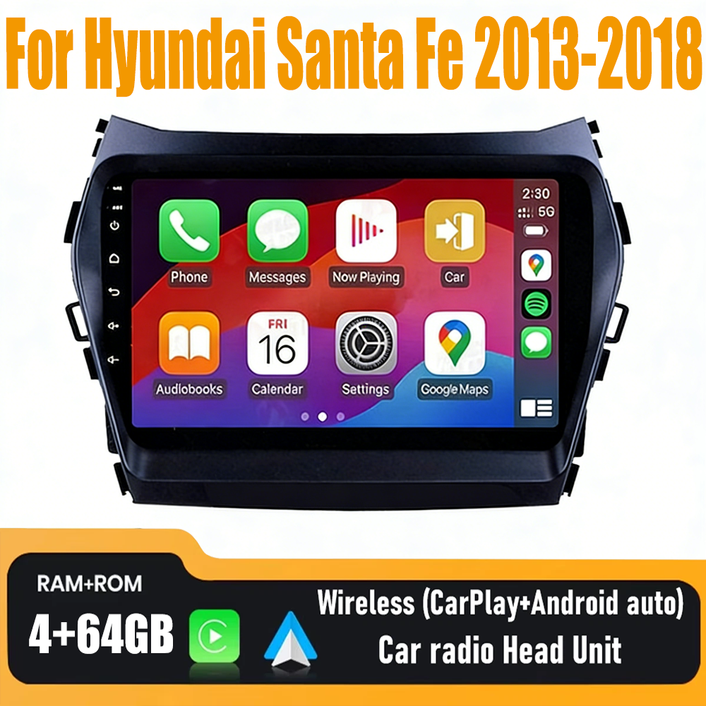 9'' Wireless CarPlay & Android Auto Kit Head Unit For Hyundai Santa Fe 2013-2018