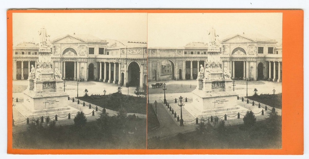 D1427~ ITALY – c.1860s Genoa Railroad Station & Columbus Statue Stereoview