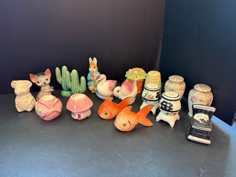 Vintage Anthropomorphic Ceramic Salt Pepper Shakers Lot Swans Fish Bunny Cactus