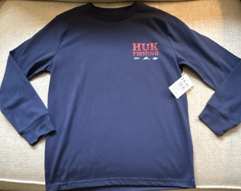 Huk Boys Navy Long Sleeve Fishing T-Shirt Size YS youth small 100% Cotton