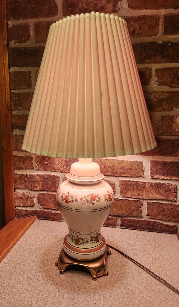 Orange Floral Ginger Jar Table Lamp With Brass Base And Pleated Shade