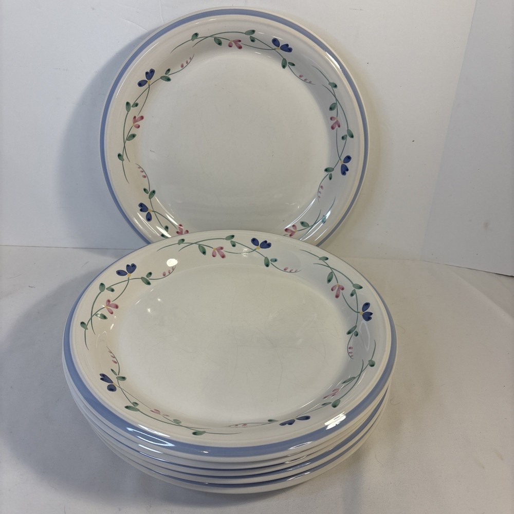 HEARTHSIDE ALLEGRO STONEWARE INDONESIA Blue PInk 10 1/2”d Dinner Plates Set of 6