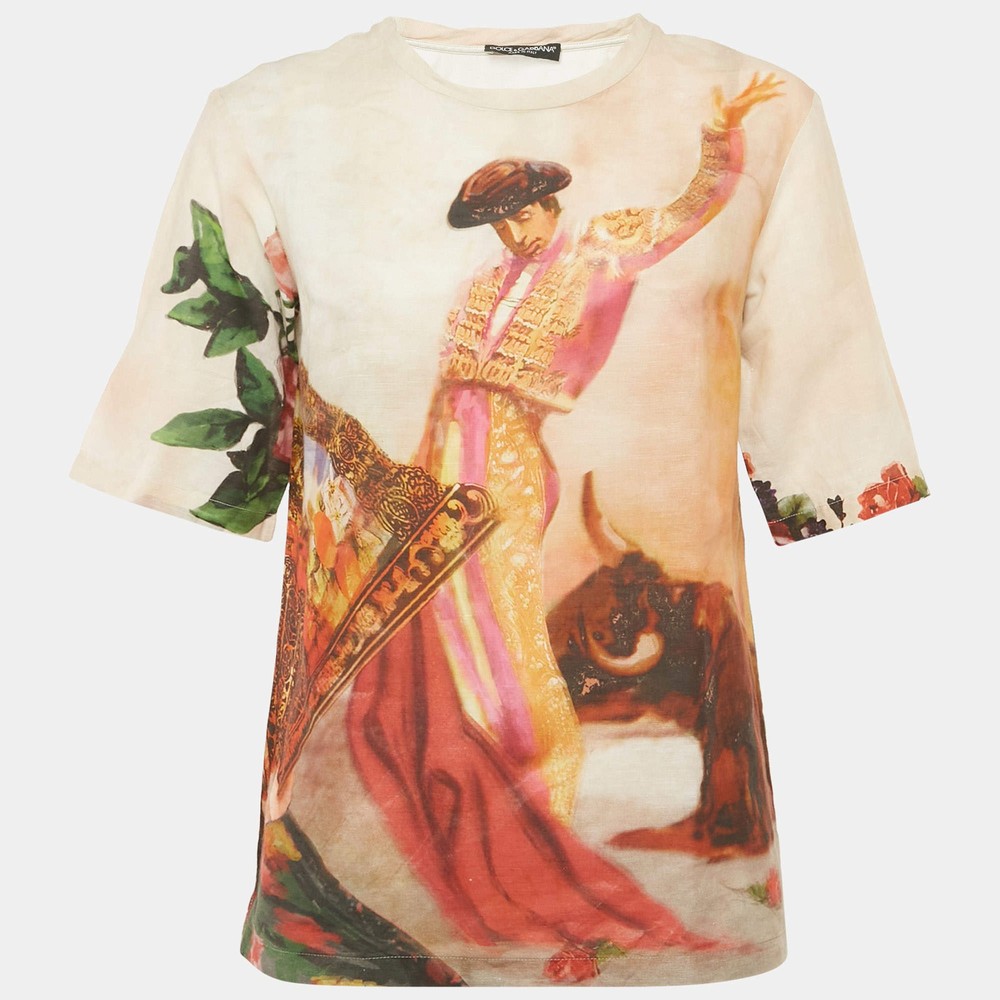 Dolce Gabbana Pink Bull Rider Print Cotton Blend Top M