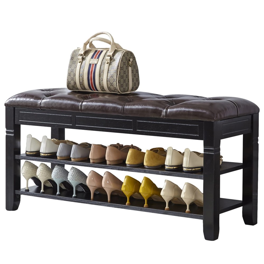 LEILISI Shoe Bench, Storage Rack Organizer with Cushion 2 Tier Lift Top Shoe ...