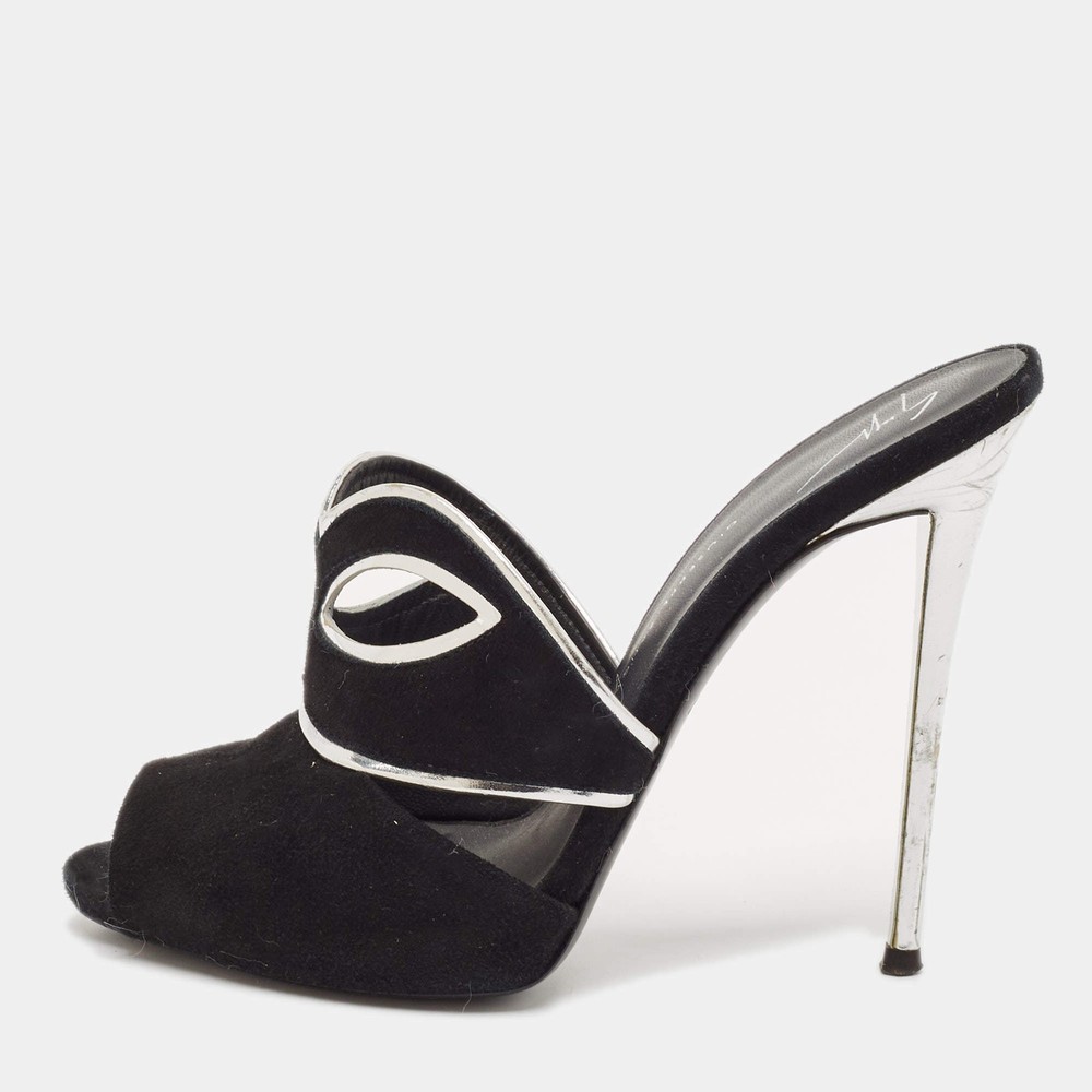 Giuseppe Zanotti BlackSilver Suede and Leather Peep Toe Mules Size 39