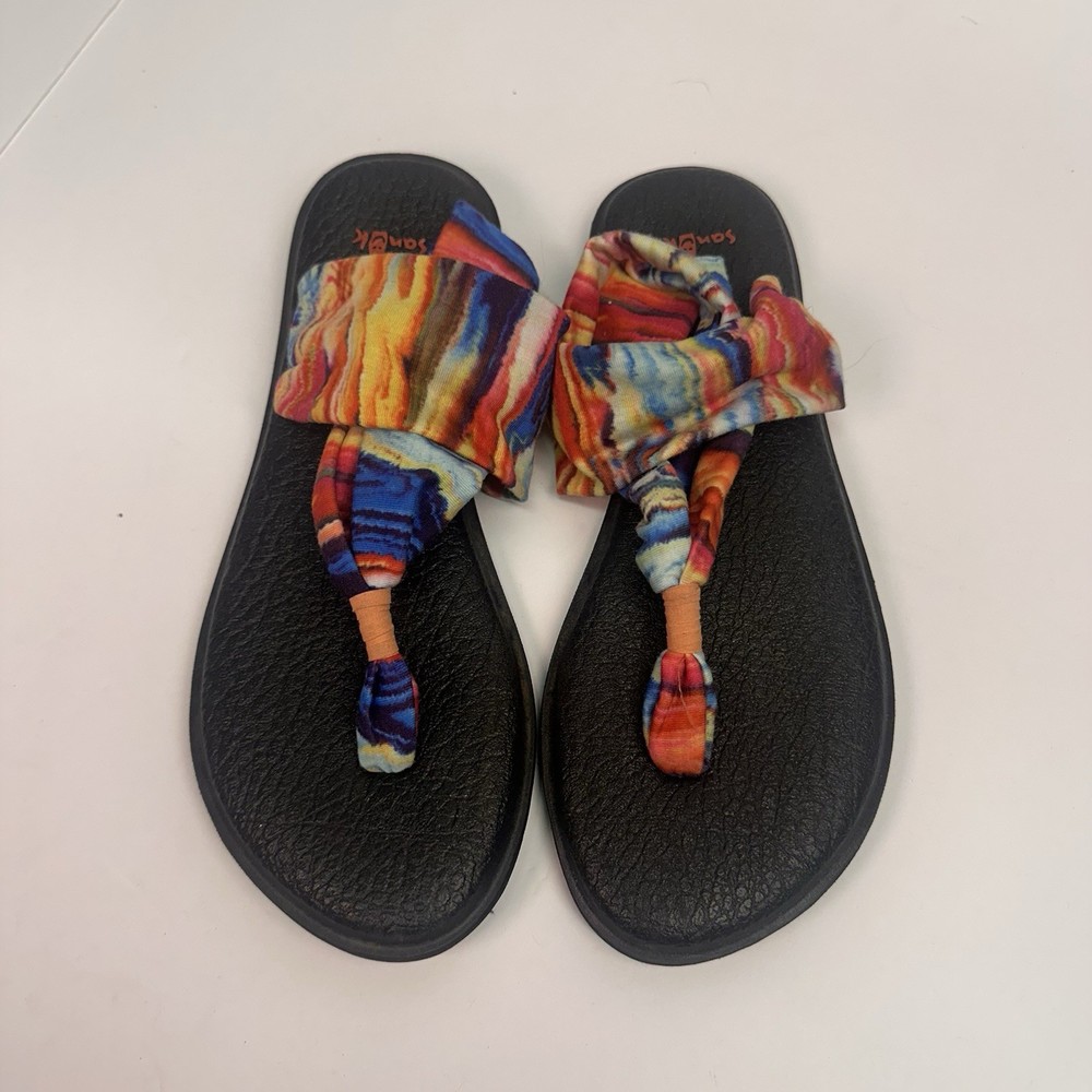 Sanuk Yoga Sling Sandals Women Size 8 Tie Dye Rainbow Cushioned Flip Flops