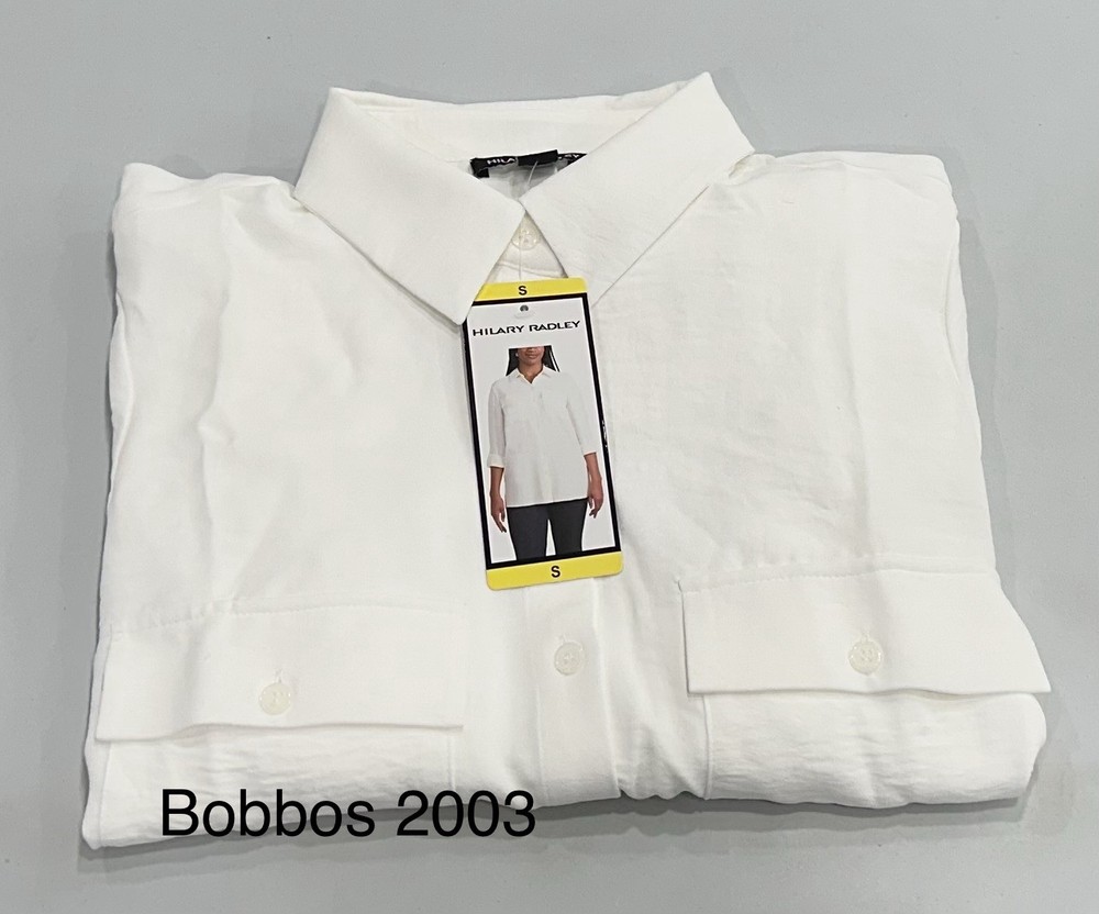 Hilary Radley Women’s Long Sleeve Button Up Roll Tab, White, Size S