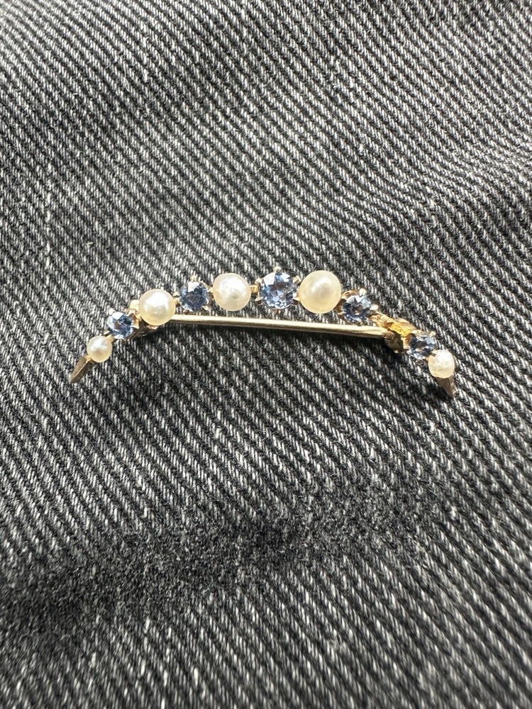 Antique Victorian 14k gold natural blue sapphire pearl crescent moon brooch pin