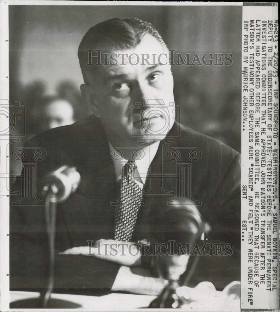 1953 Press Photo Samuel Boykin testifies before the Senate Committee hearing