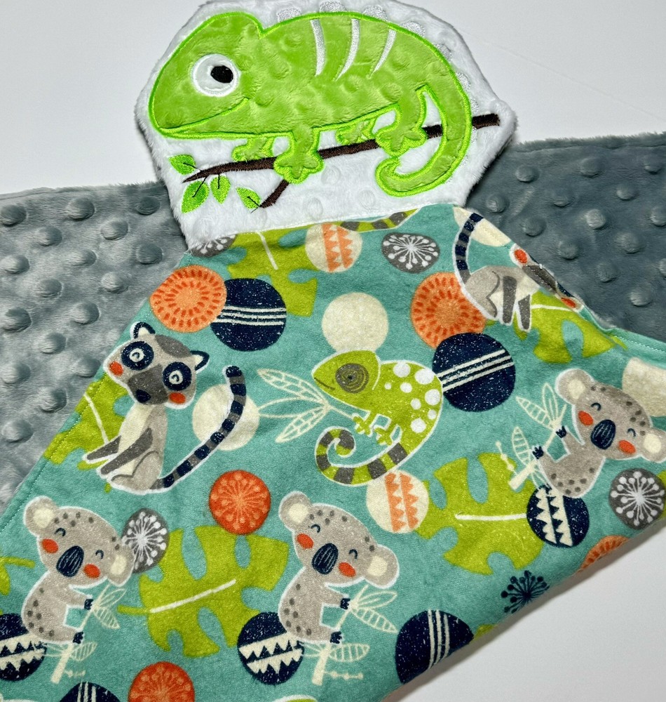 Chameleon Lizard Baby  Lovey Security Blanket Appliquéd Flannel Minky Baby Gift