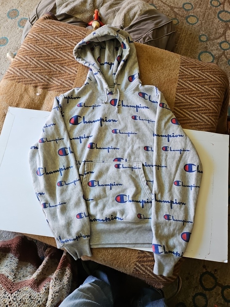 Champion Reverse Weave Sweatshirt Gray All Over Print Hoodie Size Medium