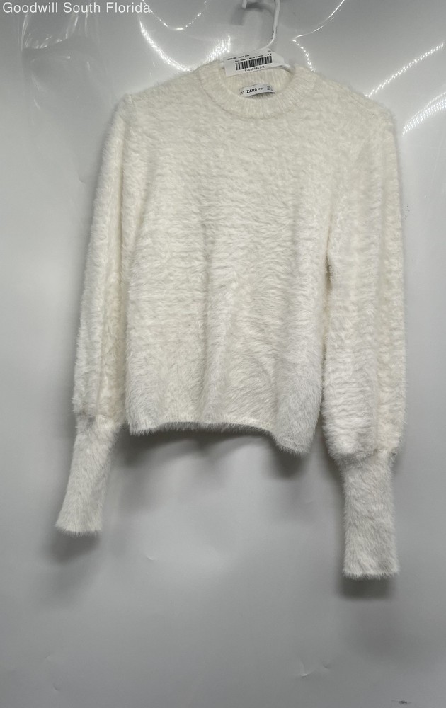 Zara Knit Womens White Long Sleeve Crew Neck Fuzzy Pullover Sweater Size Medium
