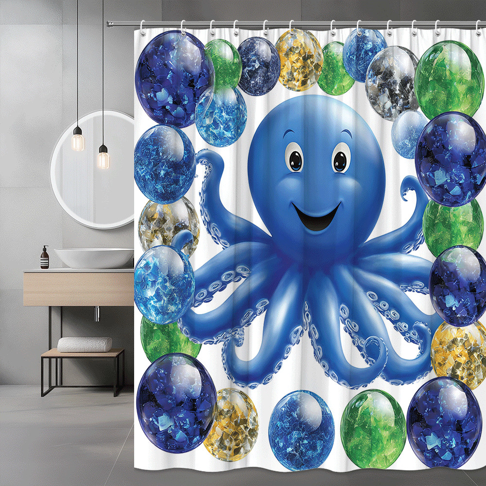 Blue Octopus Shower Curtain Kids Cartoon Ocean Print