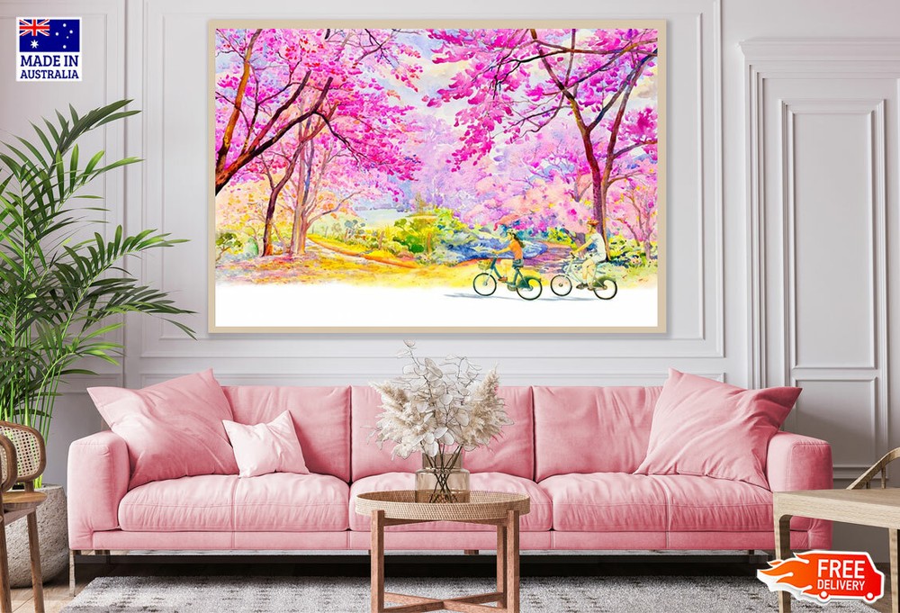 (Laminated) Colorful Forest & Kids Riding Bicycles Watercolor Painting 91x61cm