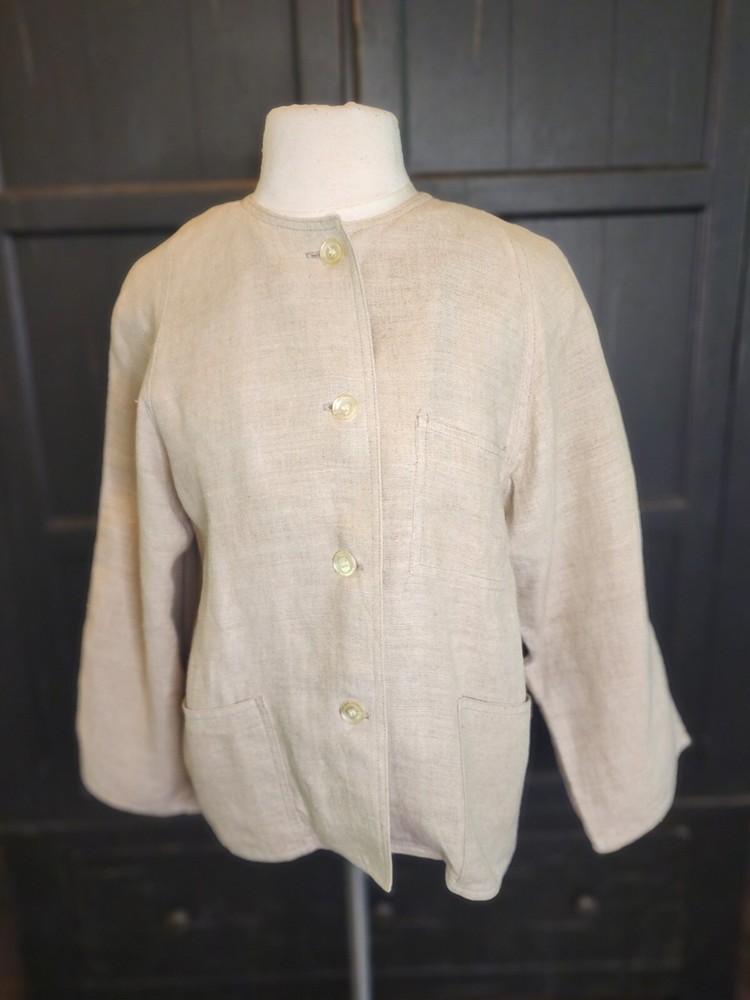Talbots Collarless Tan Linen Jacket Front Pockets Women's 12 Pre-owned
