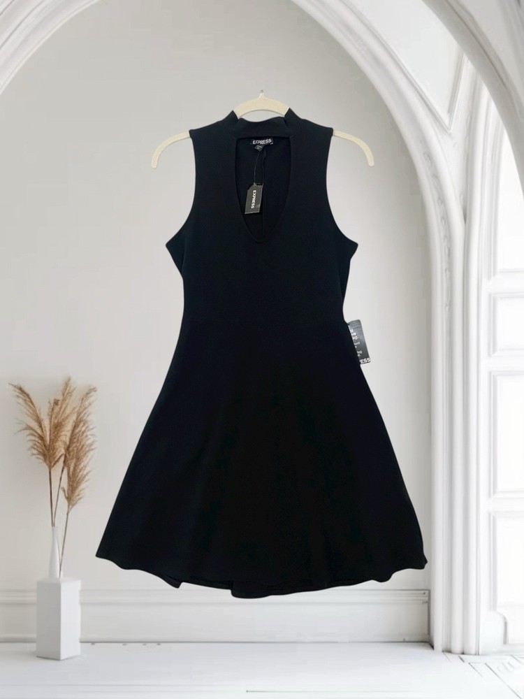 Express Sleeveless Fit & Flare Cut Out Choker Dress Size Small Black NWT