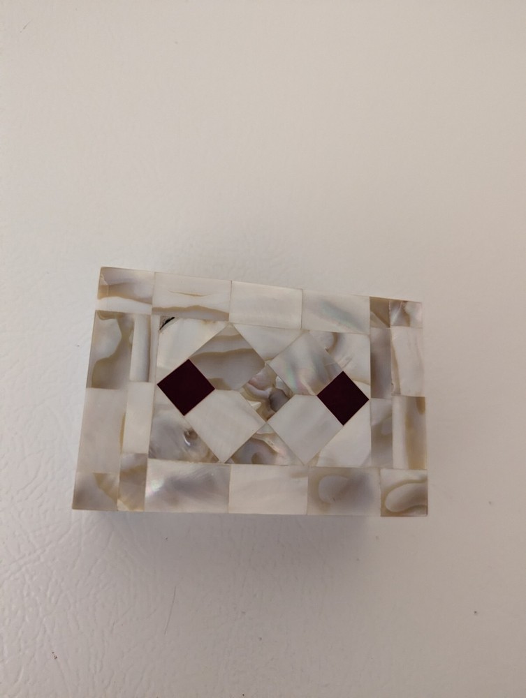 Japanese Mother of Pearl & Wood Trinket Box 3.75 x 2.5 inches Vintage Good Condition