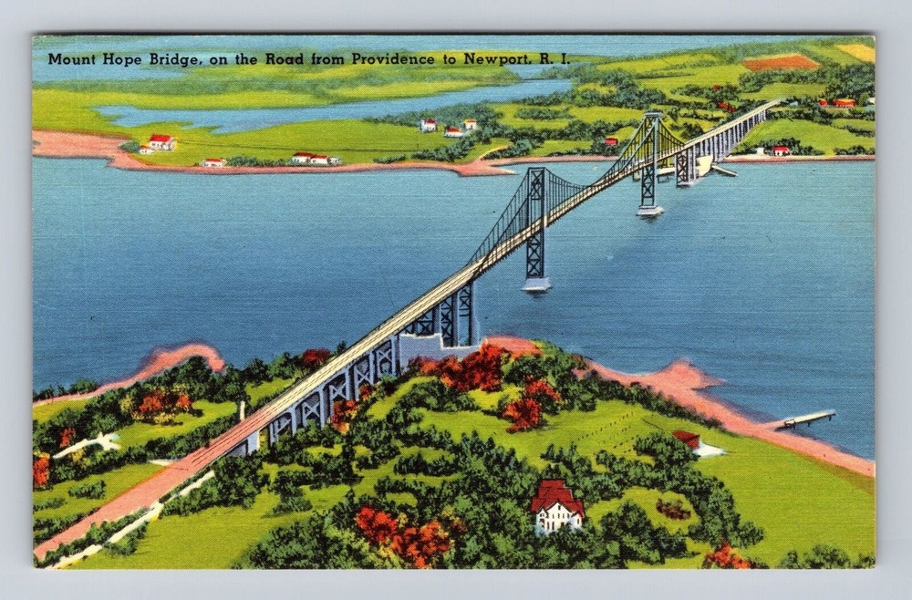 Newport RI- Rhode Island, Aerial Mount Hope Bridge, Vintage c1962 Postcard