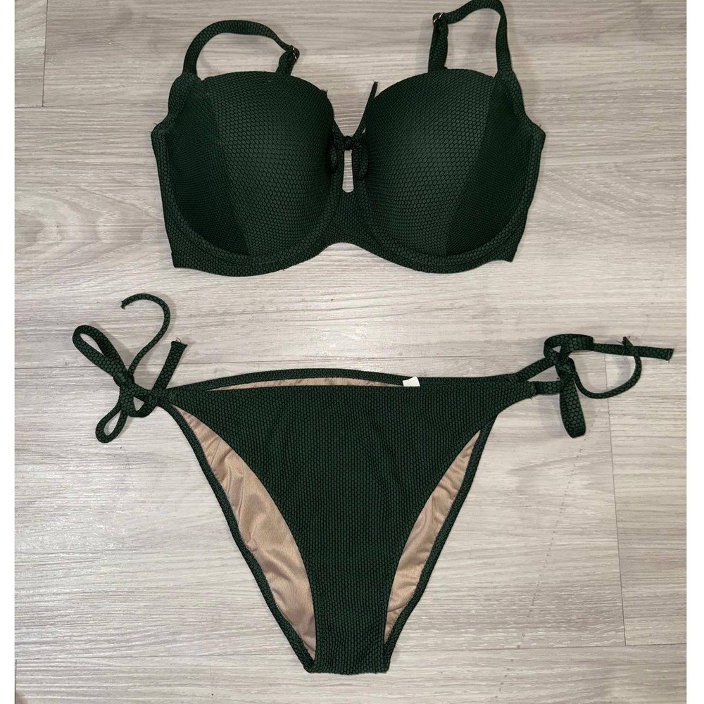 Women's Textured Green Bikini Swimsuit Two Piece Bra Bottom Tie Side