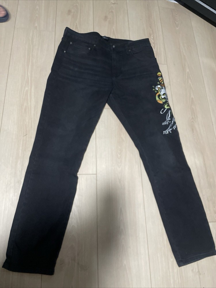 Ed Hardy Jeans Denim 5 Pocket Embroidered Skull Snake Panther Black Stretch Slim