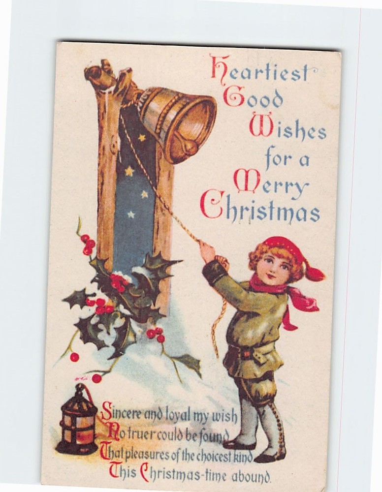 Postcard Heartiest Good Wishes For A Merry Christmas Boy Ringing a Bell