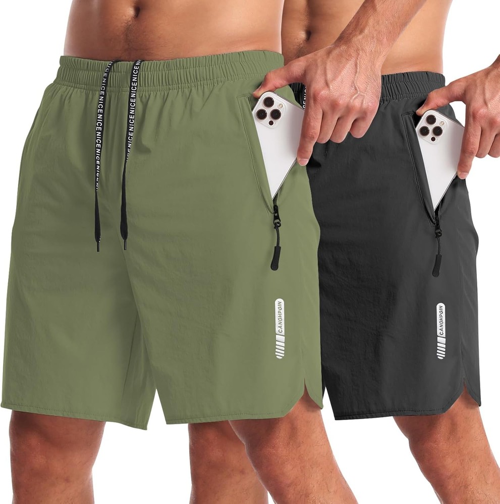 CANGHPGIN 2 Pack Mens Workout Athletic Shorts 7 inch Small, Agreen/Black