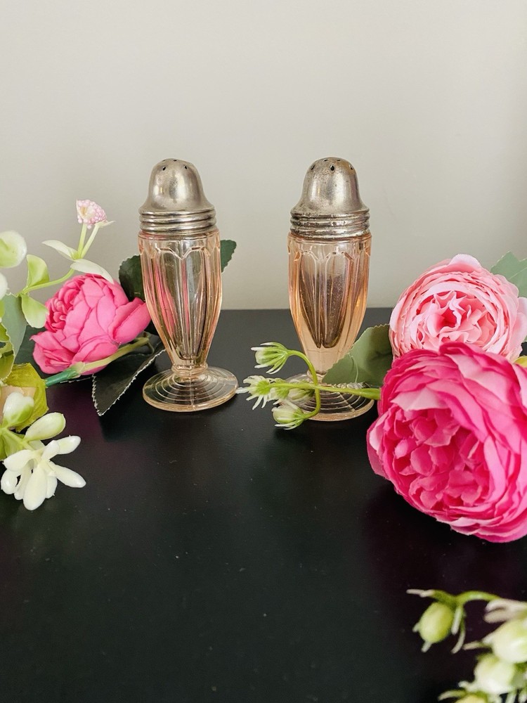 Vintage Pink Depression Glass Salt Pepper Shakers Footed  Metal Topper 4.25”