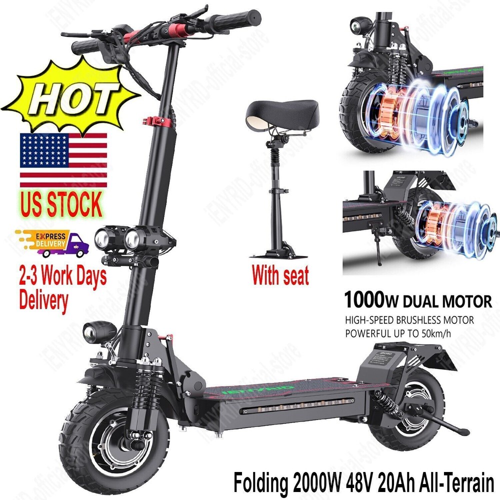 2000W Electric Scooters Dual Motors 48V 20Ah 31mph 10''Folding Off Road eScooter