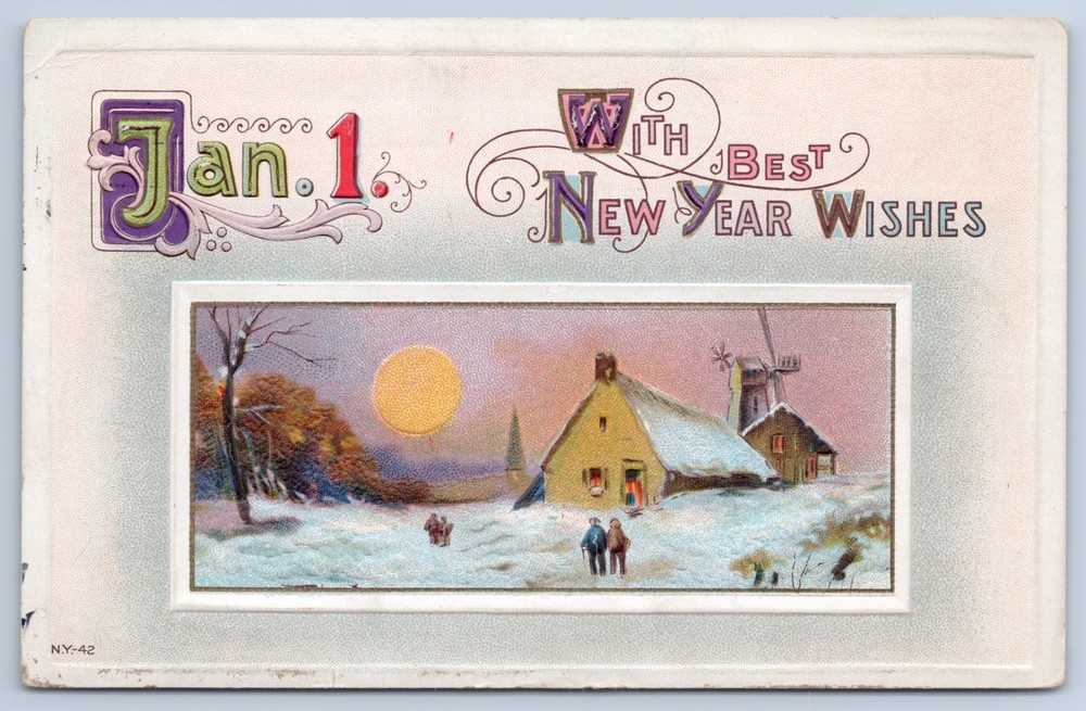 New Year Wishes Village in Snow Dec 30 1914 Cancel Paterson NJ Embossed Postcard