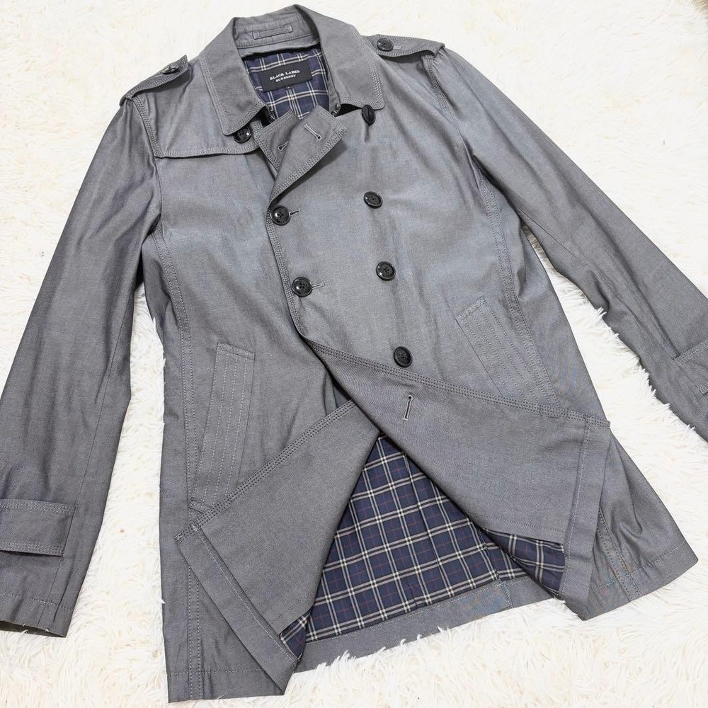Burberry Black Label Nova Check Trench Coat L Double Cotton Gray Used