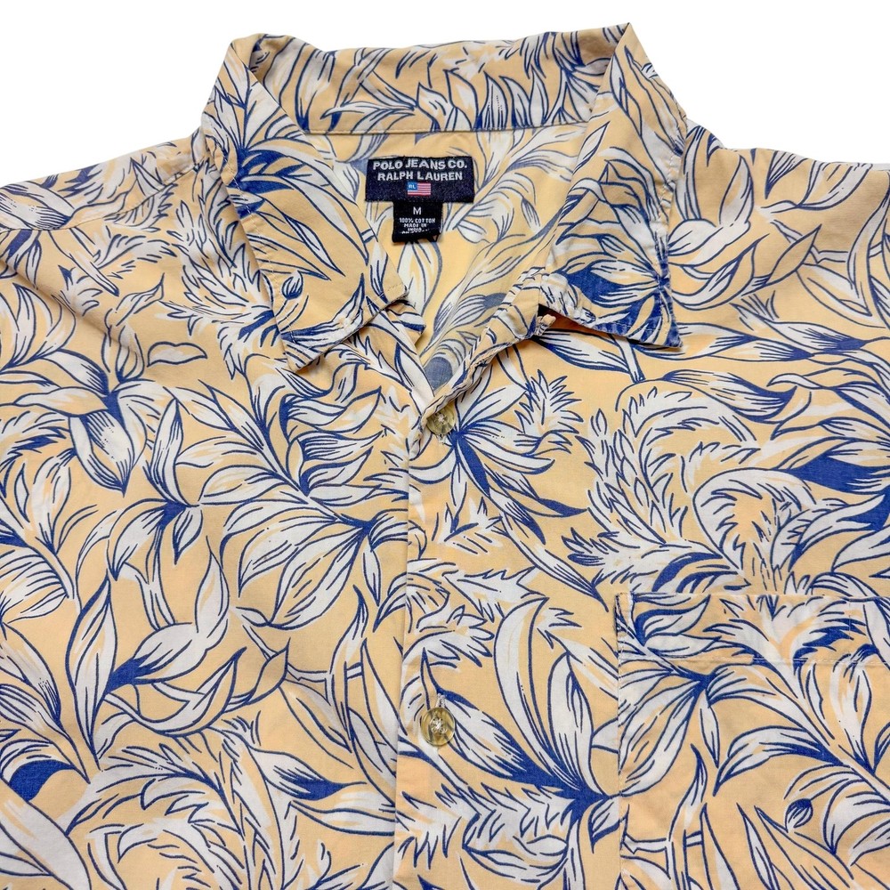 Polo Jeans Co Ralph Lauren Shirt Mens Medium Yellow Floral Hawaiian Aloha Cotton