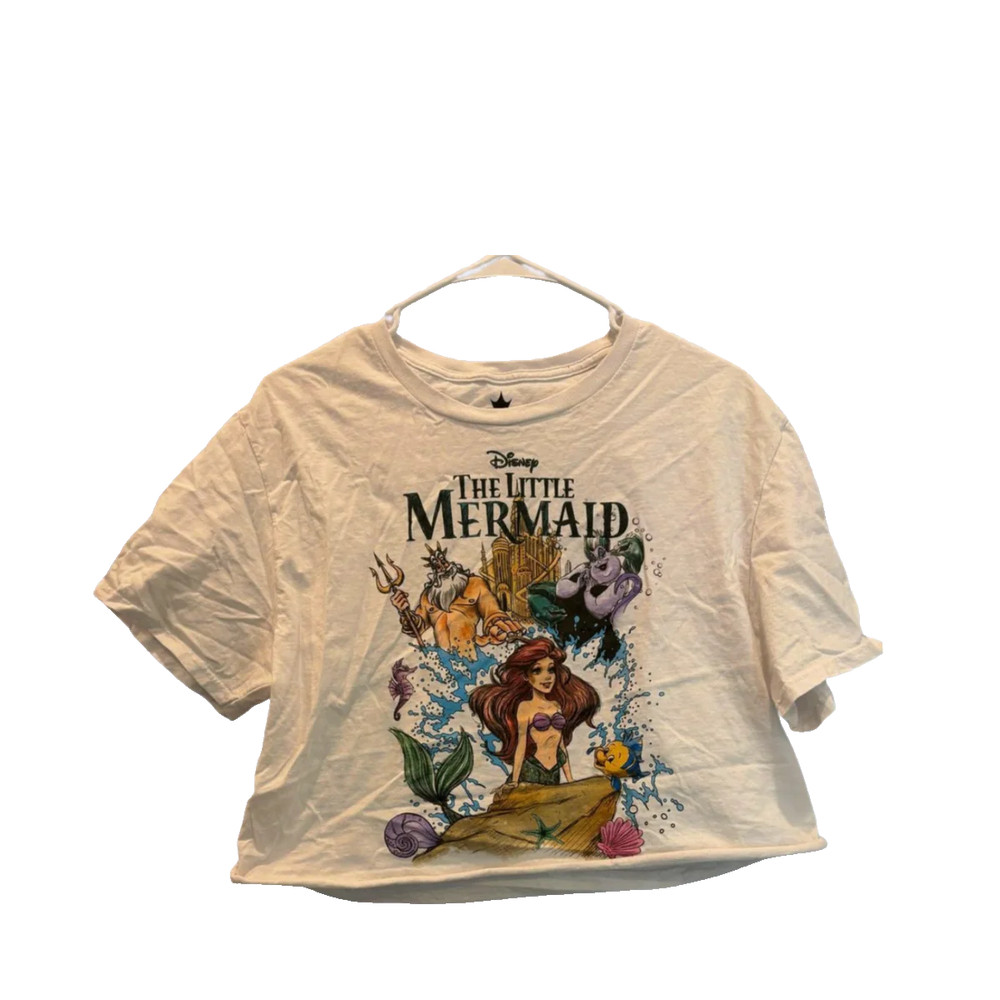 Disney Women Crop Top T-Shirt White Sz L Princess Ariel Little Mermaid Graphic