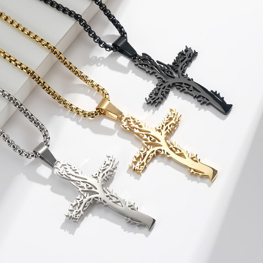Cross Pendant Necklace for Men Women Stainless Steel Tree of Life Necklace Chain