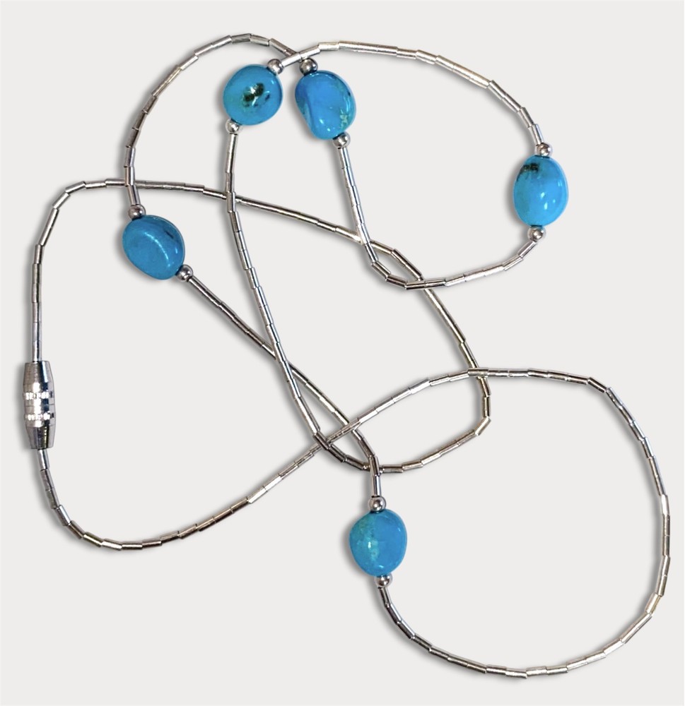 Vtg Delicate 1mm  Liquid Silver 925 Beaded Turquoise Nugget Necklace 18” TESTED