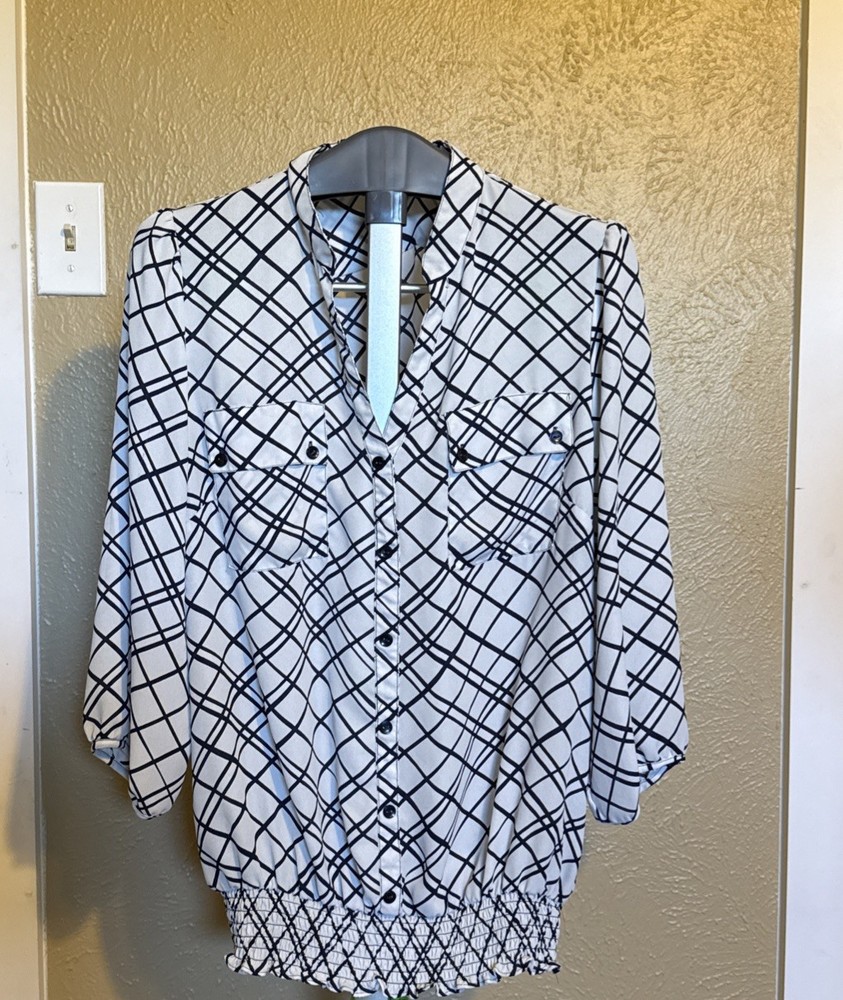 Zac & Rachel Silky 3/4 Length Sleeves Navy & White Elastic At Waist Blouse XL
