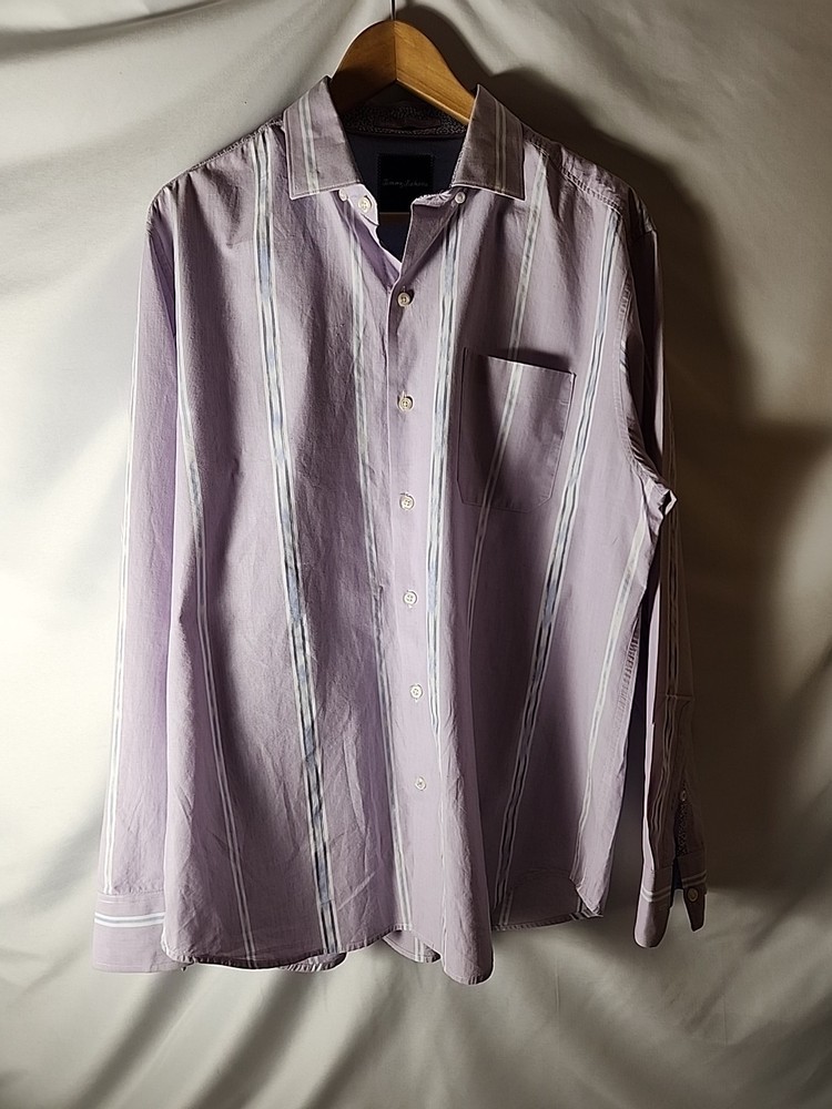 Tommy Bahama Men’s Long Sleeve Button Up Shirt Purple Stripe Size Large Pocket T