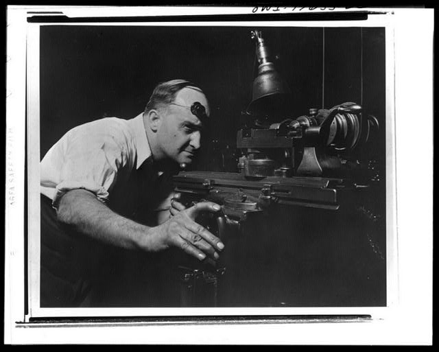 Photo:Man Inspecting Machine Shop Lathe 1930s Industrial Worker