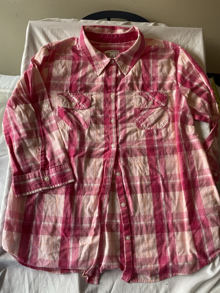 Croft & Barrow Womens XL Pink Plaid Button Up Shirt Roll Tab 3/4 Sleeve Pocket