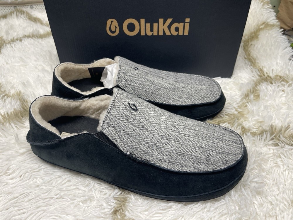 🧡NWT*Olukai Moloa Men's Size 11 Premium Leather Shearling Slippers -Kapa Stripe