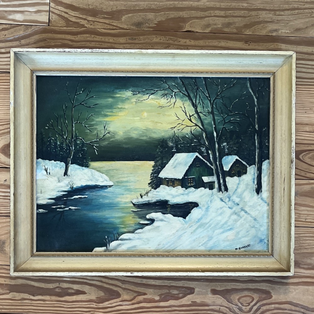 W. Borkert Signed Framed Original Painting Winter Cabin Landscape 1948