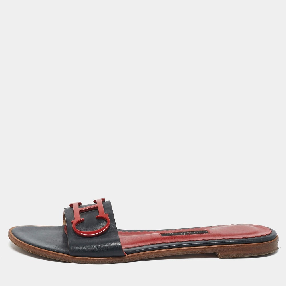 CH Carolina Herrera Navy Blue Leather Slide Sandals Size 39