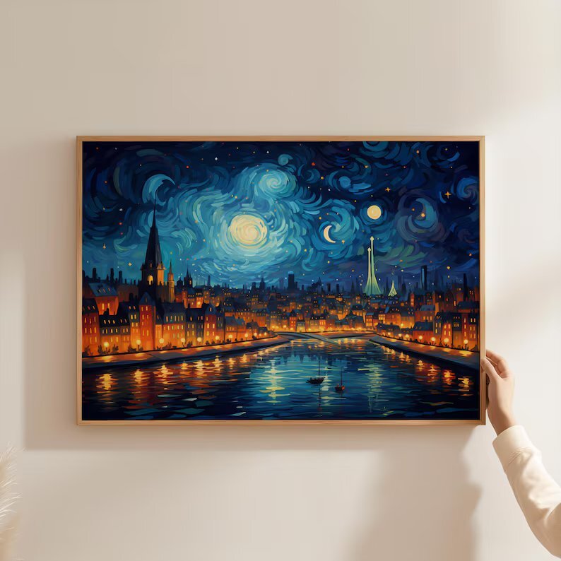 Beautiful City by Lake at Night Painting Poster Premium Quality Choose your Size