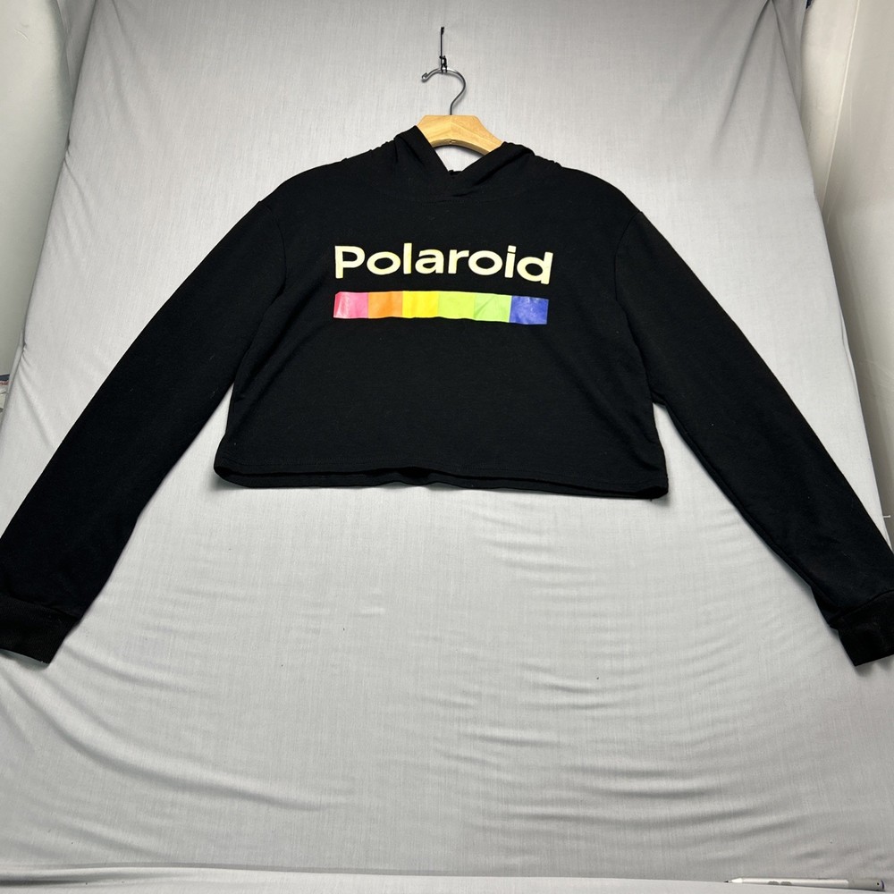 Polaroid Women’s Black Cropped Hoodie Sweatshirt Size M Graphic