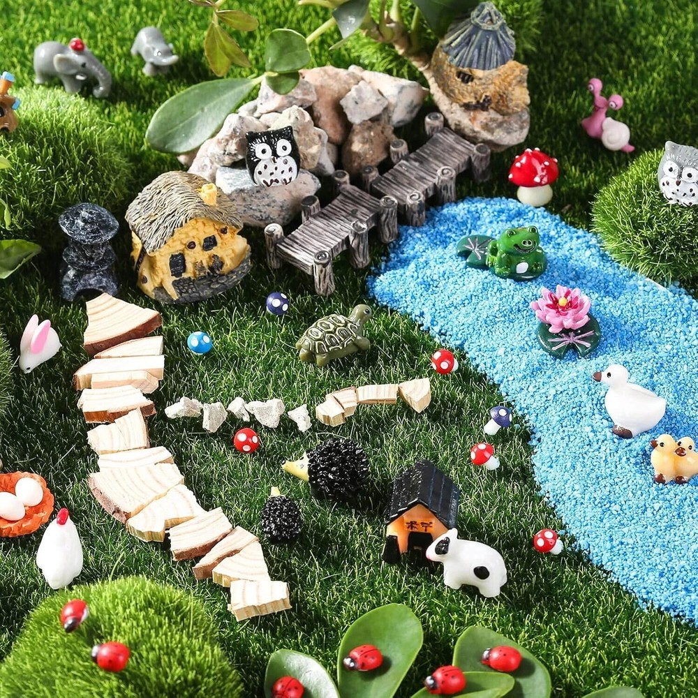 172Pcs Mini Fairy Garden Figurines Set with 72 Miniatures & 100 Pins for DIY Decor